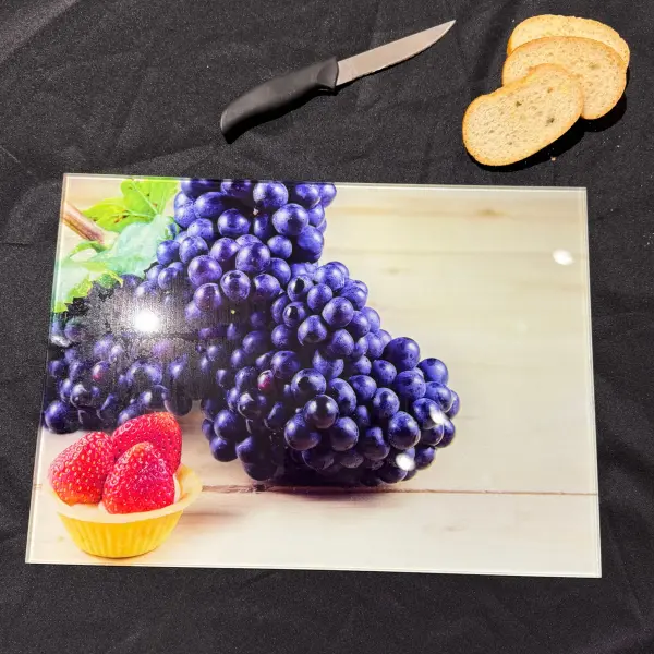 Ferozzi Tempered Glass Cutting Board with Purple Grapes and Strawberry Tart Design | Vibrant Kitchen Accessory