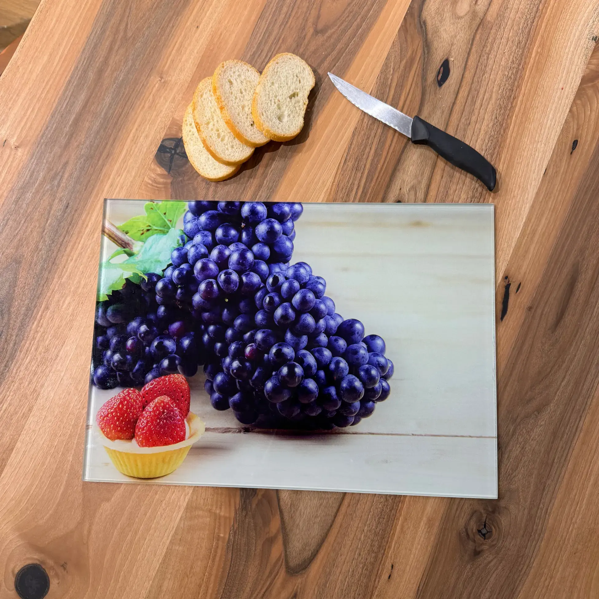 Ferozzi Tempered Glass Cutting Board with Purple Grapes and Strawberry Tart Design | Vibrant Kitchen Accessory