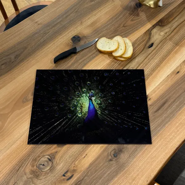 Ferozzi Tempered Glass Cutting Board with Elegant Peacock Design | Luxurious Kitchen Accessory