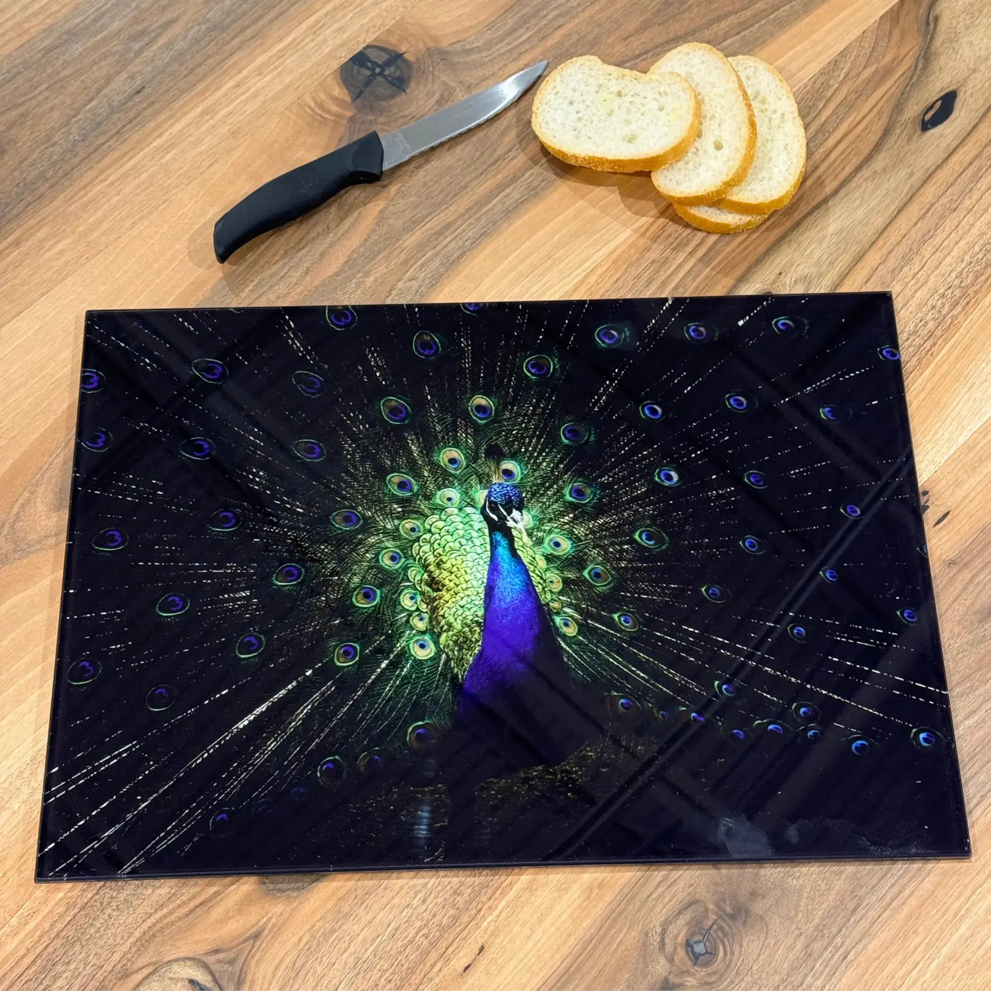 Ferozzi Tempered Glass Cutting Board with Elegant Peacock Design | Luxurious Kitchen Accessory