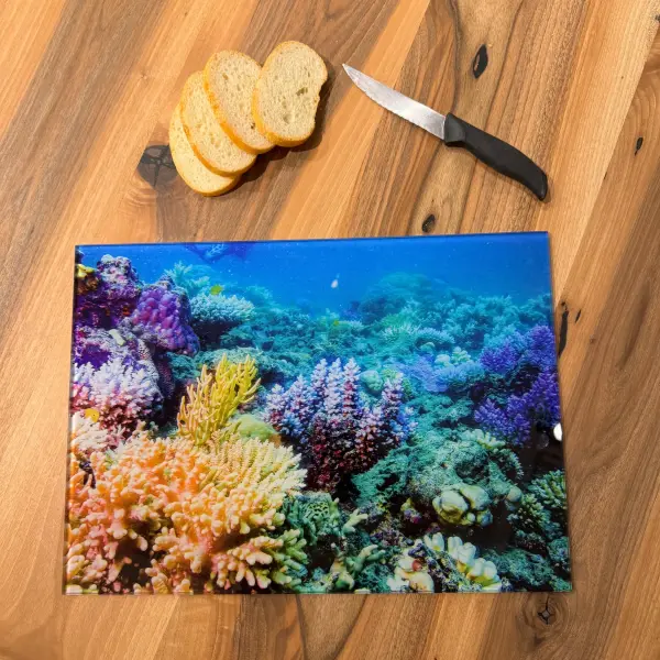 Ferozzi Tempered Glass Cutting Board with Colorful Coral Reef Design | Vibrant Ocean-Themed Kitchen Accessory