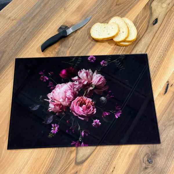 Ferozzi Tempered Glass Cutting Board with Elegant Pink Peony Bouquet Design | Floral Kitchen Accessory