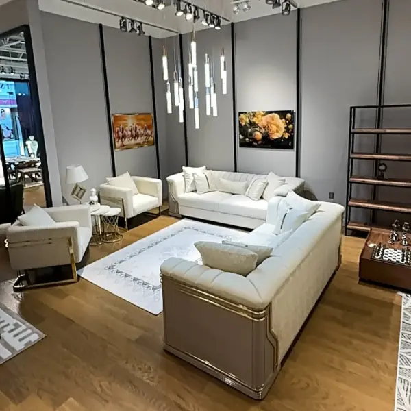 Ferozzi Luxury White Sofa Set with Gold Accents | Modern 3+3+1+1 Living Room Furniture