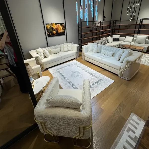 Ferozzi Luxury White Sofa Set with Gold Accents | Modern 3+3+1+1 Living Room Furniture