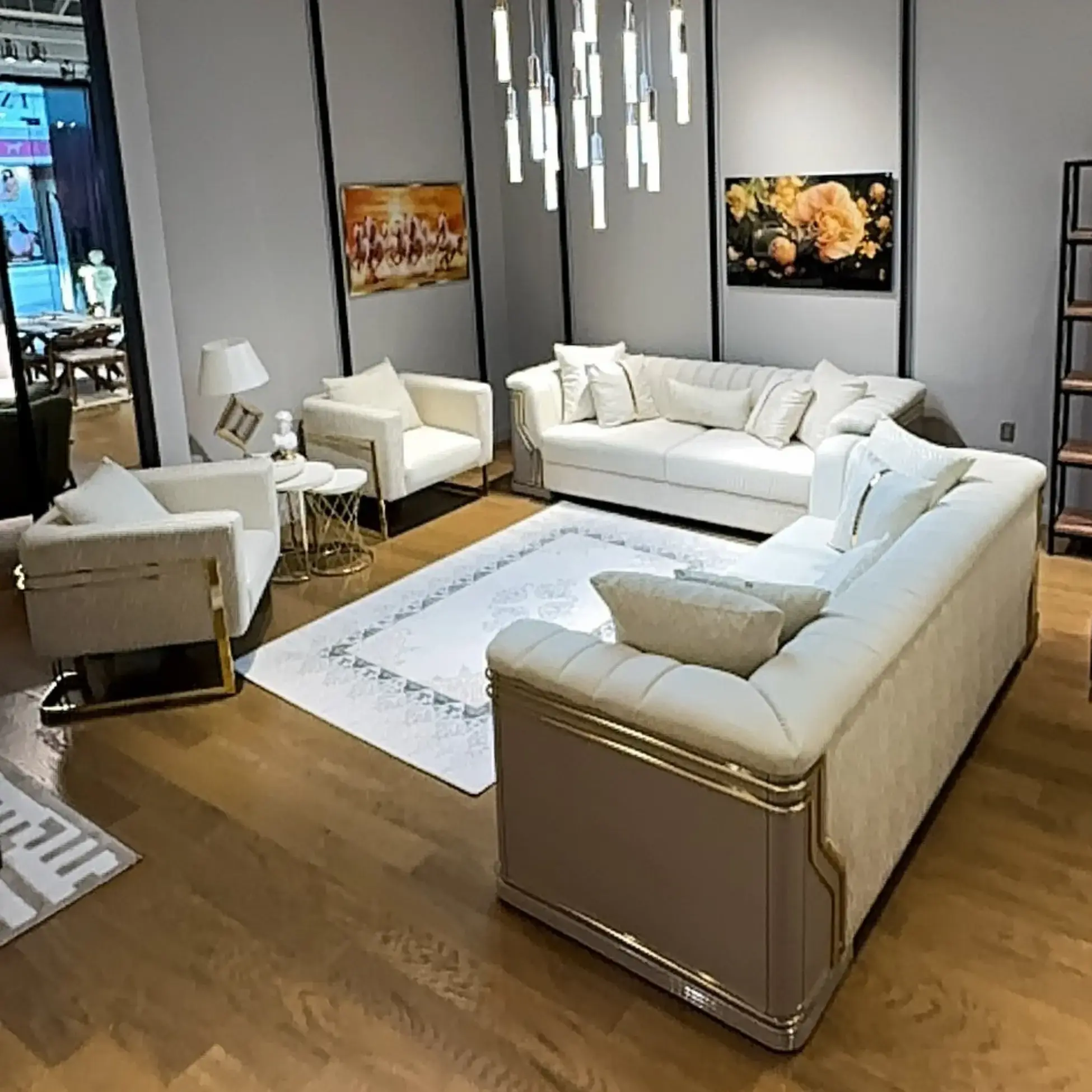 Ferozzi Luxury White Sofa Set with Gold Accents | Modern 3+3+1+1 Living Room Furniture