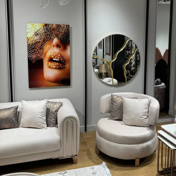 Ferozzi  Round Mirror with Gold Abstract Detailing | Modern Decorative Wall Mirror