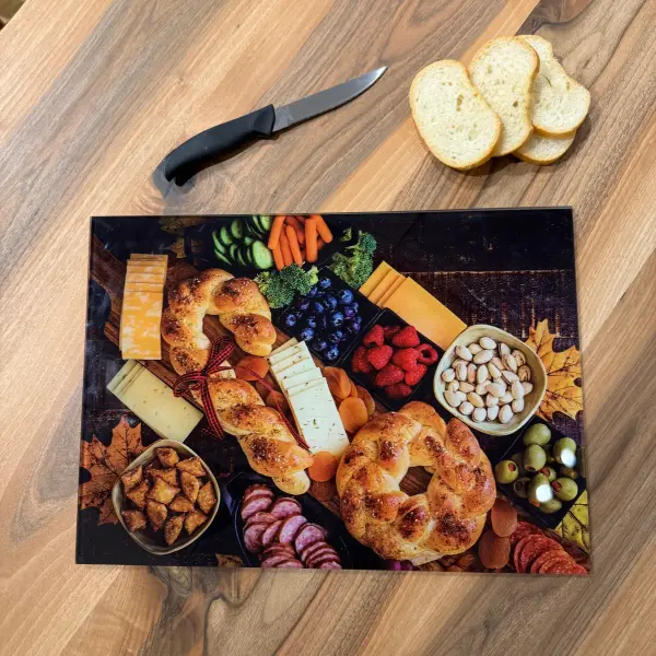 Ferozzi Tempered Glass Cutting Board with Gourmet Bread, Cheese & Charcuterie Design | Durable Kitchen Accessory