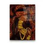 Portrait of Woman and Cat with Ethnic Floral Ornament - Rectangle Wall Glass Art