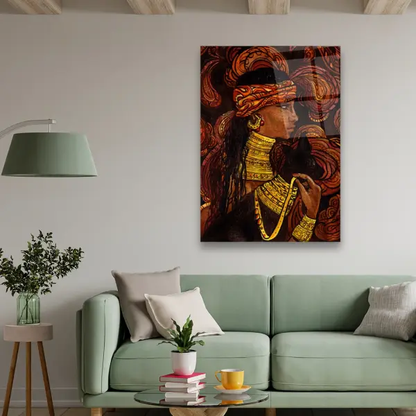 Portrait of Woman and Cat with Ethnic Floral Ornament - Rectangle Wall Glass Art