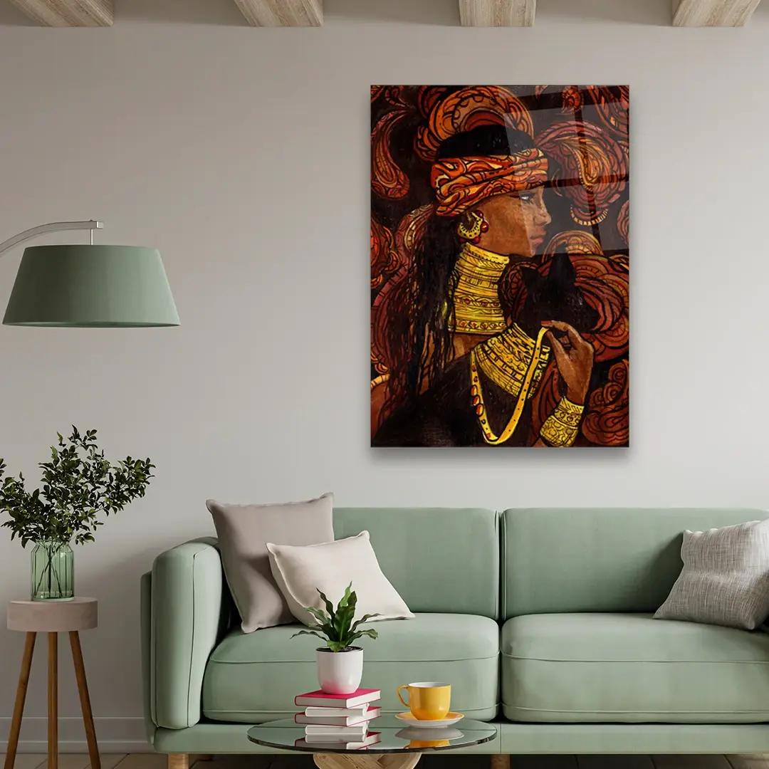 Portrait of Woman and Cat with Ethnic Floral Ornament - Rectangle Wall Glass Art