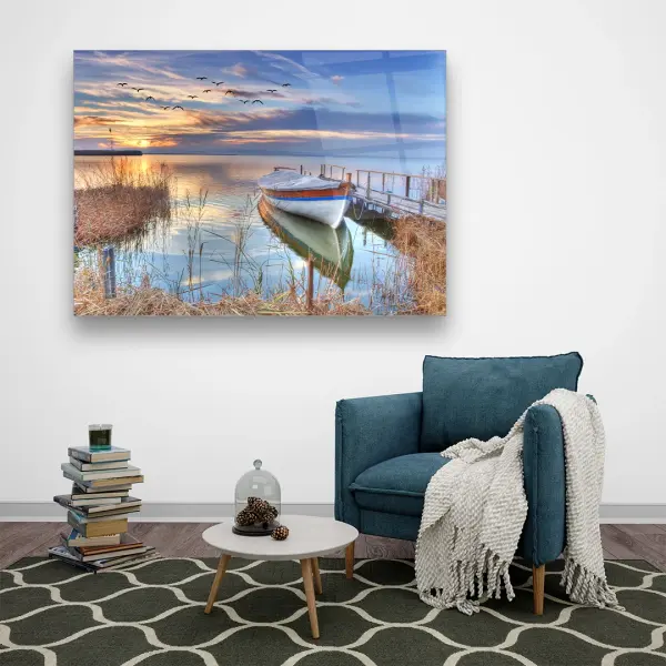Boat Harbor and Sunset - Horizontal Glass Art
