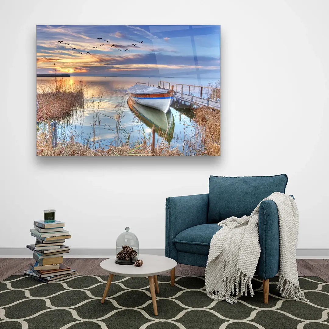 Boat Harbor and Sunset - Horizontal Glass Art
