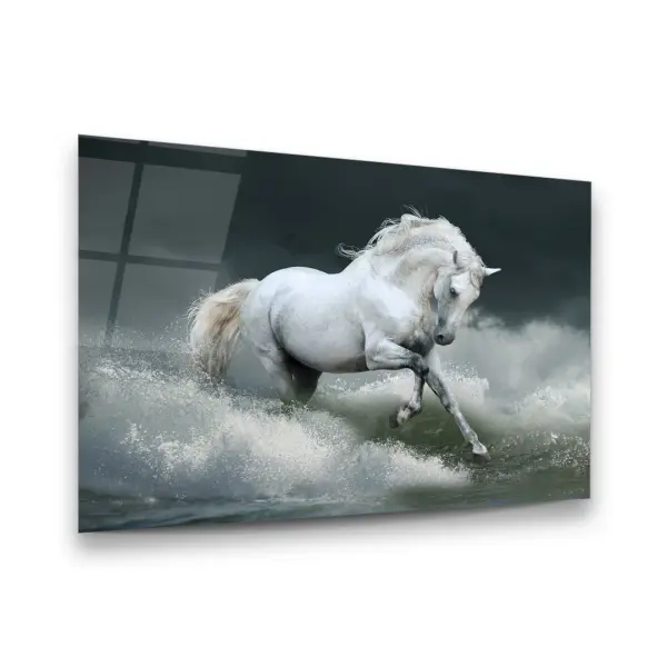 White Racing Horse - Horizontal Glass Art