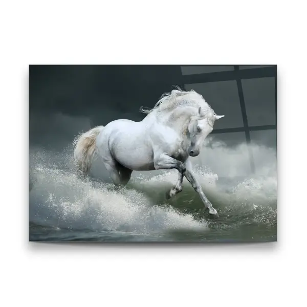 White Racing Horse - Horizontal Glass Art