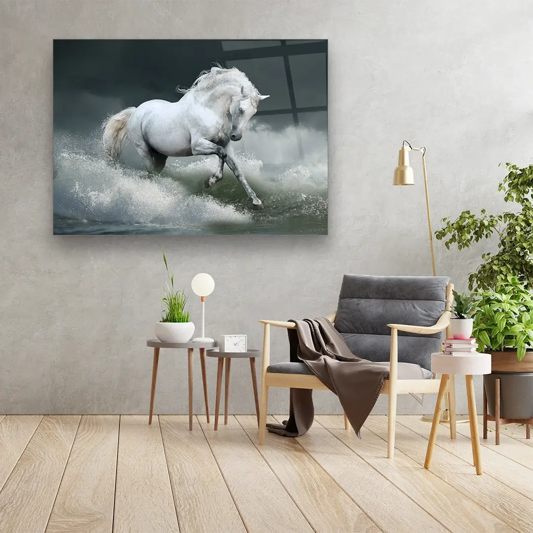White Racing Horse - Horizontal Glass Art