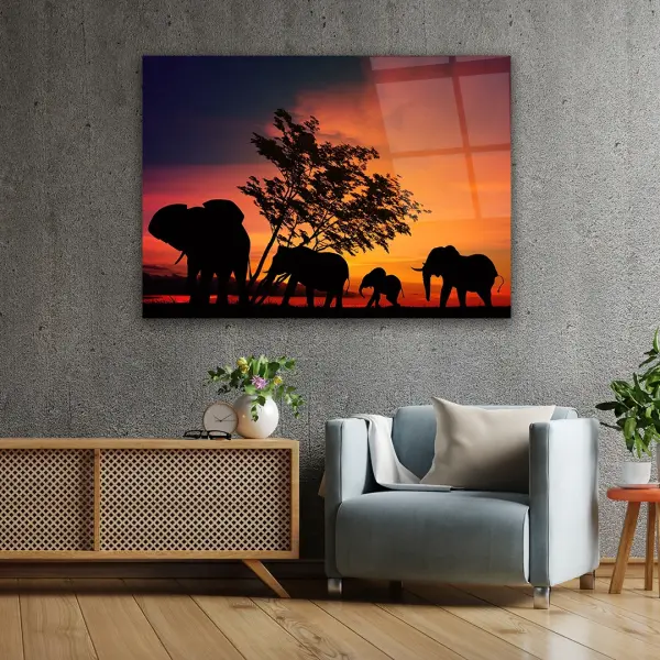 Elephant Family - Horizontal Glass Art