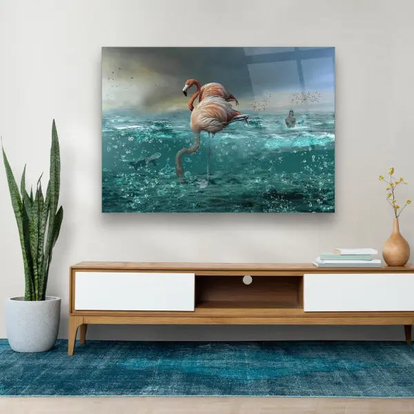 Flamingos and Sea Manipulation - Horizontal Wall Glass Art