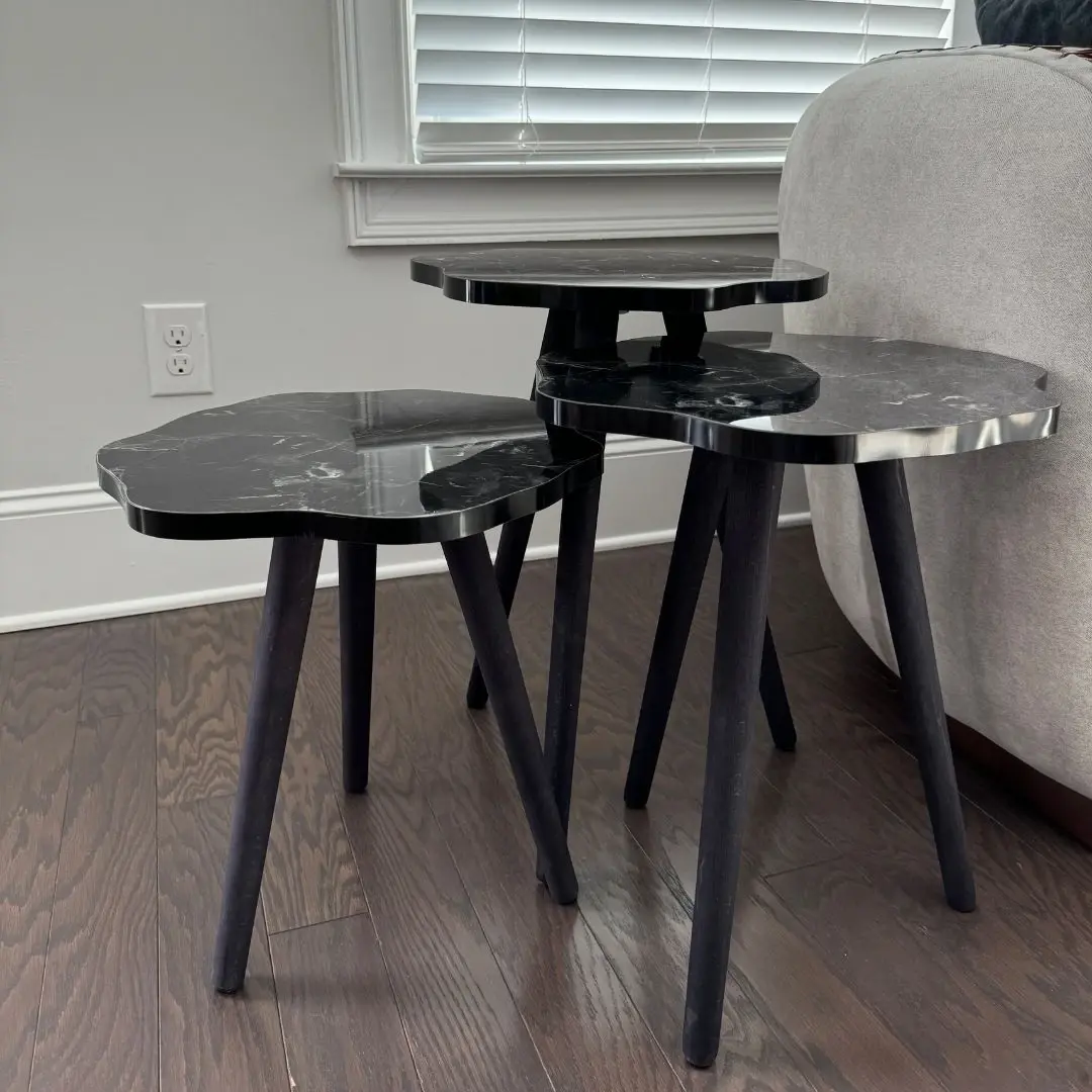 Ferozzi B4 Black Marble-Style Nesting Table Set with Solid Wood Legs