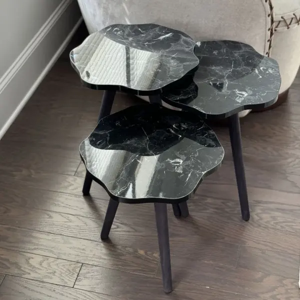 Ferozzi B4 Black Marble-Style Nesting Table Set with Solid Wood Legs