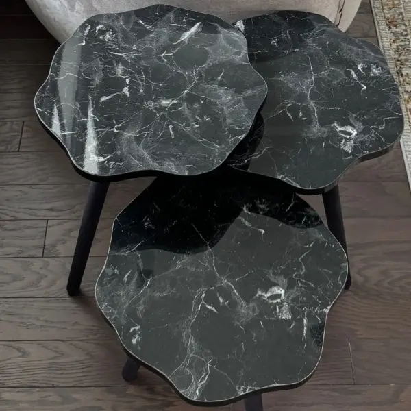 Ferozzi B4 Black Marble-Style Nesting Table Set with Solid Wood Legs