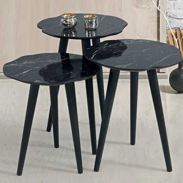 Ferozzi B4 Black Marble-Style Nesting Table Set with Solid Wood Legs