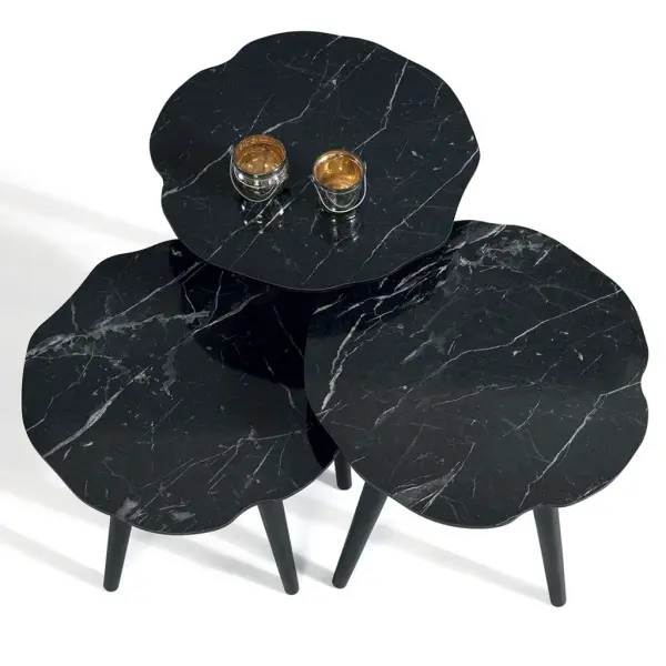 Ferozzi B4 Black Marble-Style Nesting Table Set with Solid Wood Legs