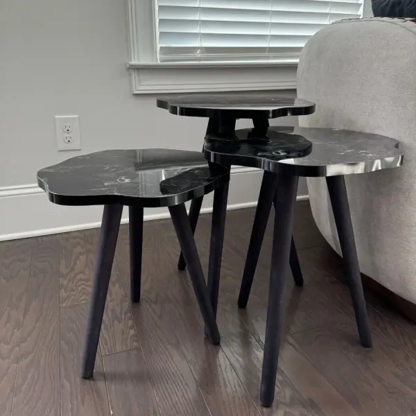 Ferozzi B4 Black Marble-Style Nesting Table Set with Solid Wood Legs