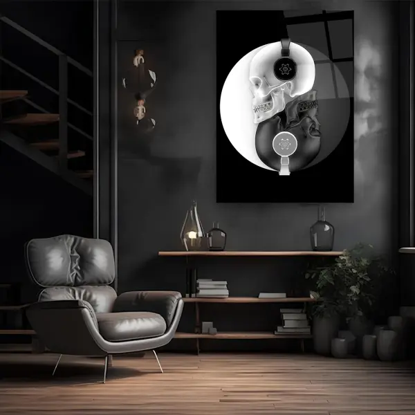 Skull Listening To Music - Rectangle Wall Glass Art