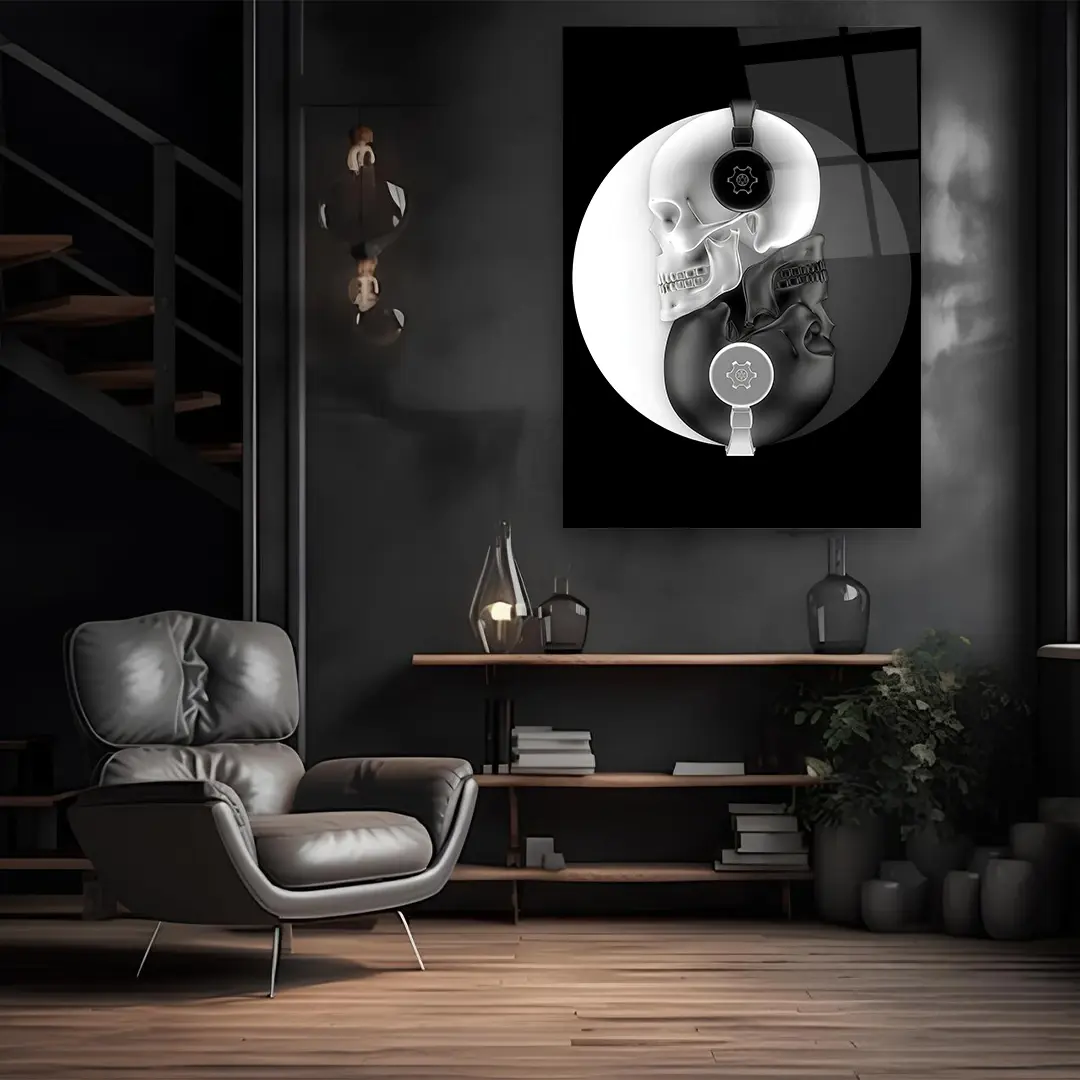 Skull Listening To Music - Rectangle Wall Glass Art