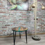 Walnut Accent Table with Black Metal Legs and water green epoxy decorations.
