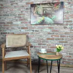 Walnut Accent Table with Black Metal Legs and water green epoxy decorations.