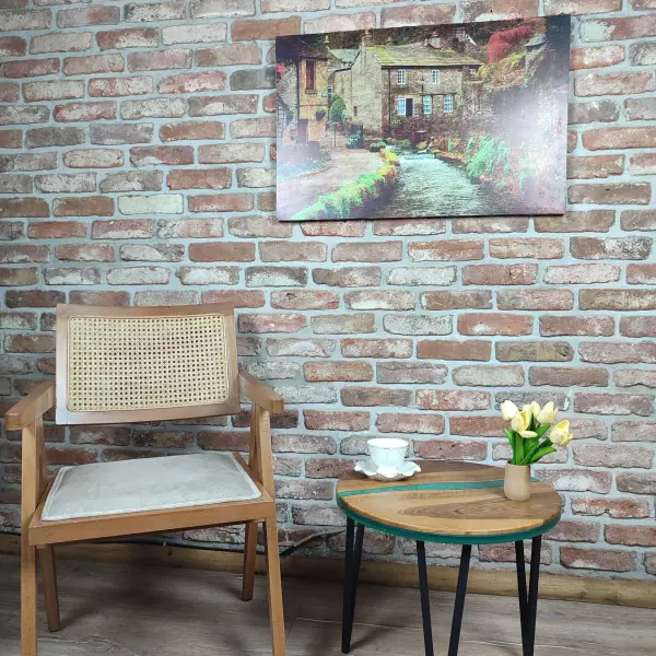 Walnut Accent Table with Black Metal Legs and water green epoxy decorations.