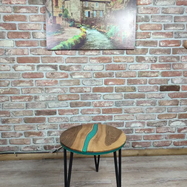 Walnut Accent Table with Black Metal Legs and water green epoxy decorations.