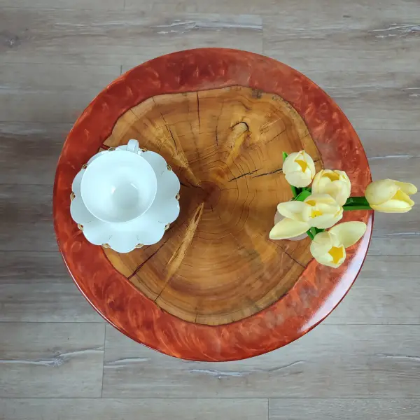 Walnut Accent Table with Black Metal Legs and Red epoxy decorations.