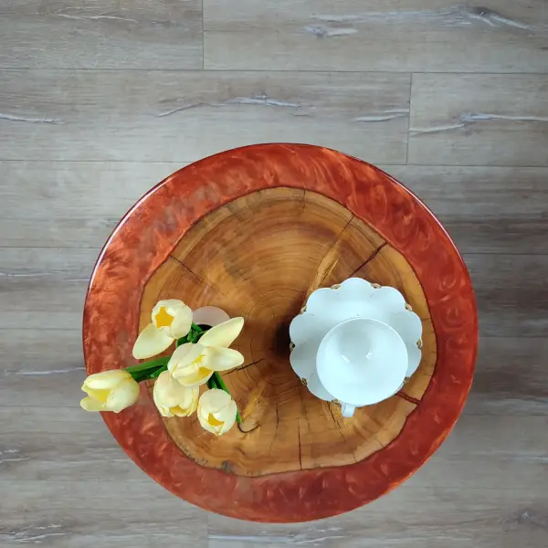 Walnut Accent Table with Black Metal Legs and Red epoxy decorations.