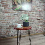 Walnut Accent Table with Black Metal Legs and Red epoxy decorations.