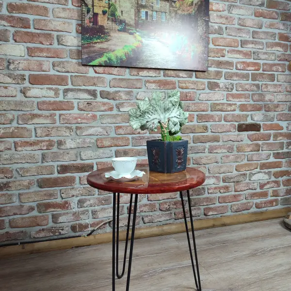Walnut Accent Table with Black Metal Legs and Red epoxy decorations.