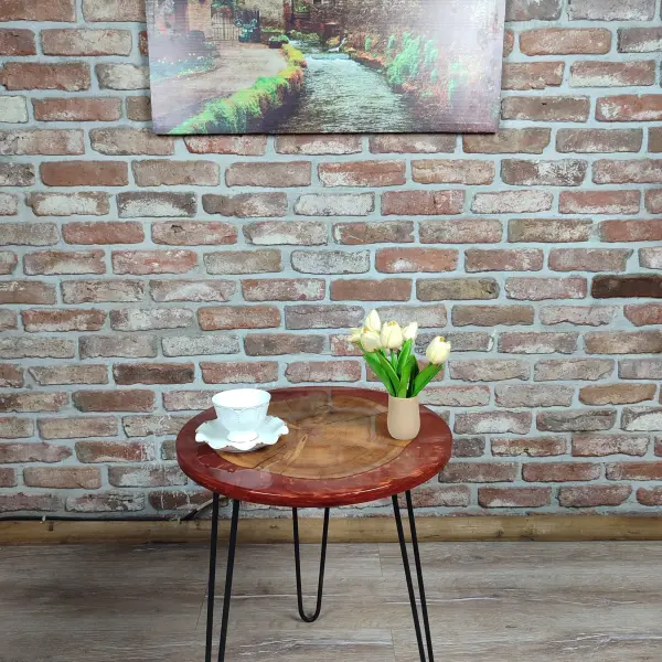 Walnut Accent Table with Black Metal Legs and Red epoxy decorations.