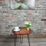 Walnut Accent Table with Black Metal Legs and Red epoxy decorations.