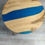 Walnut Accent Table with Gold Iron Legs and Blue epoxy decorations.