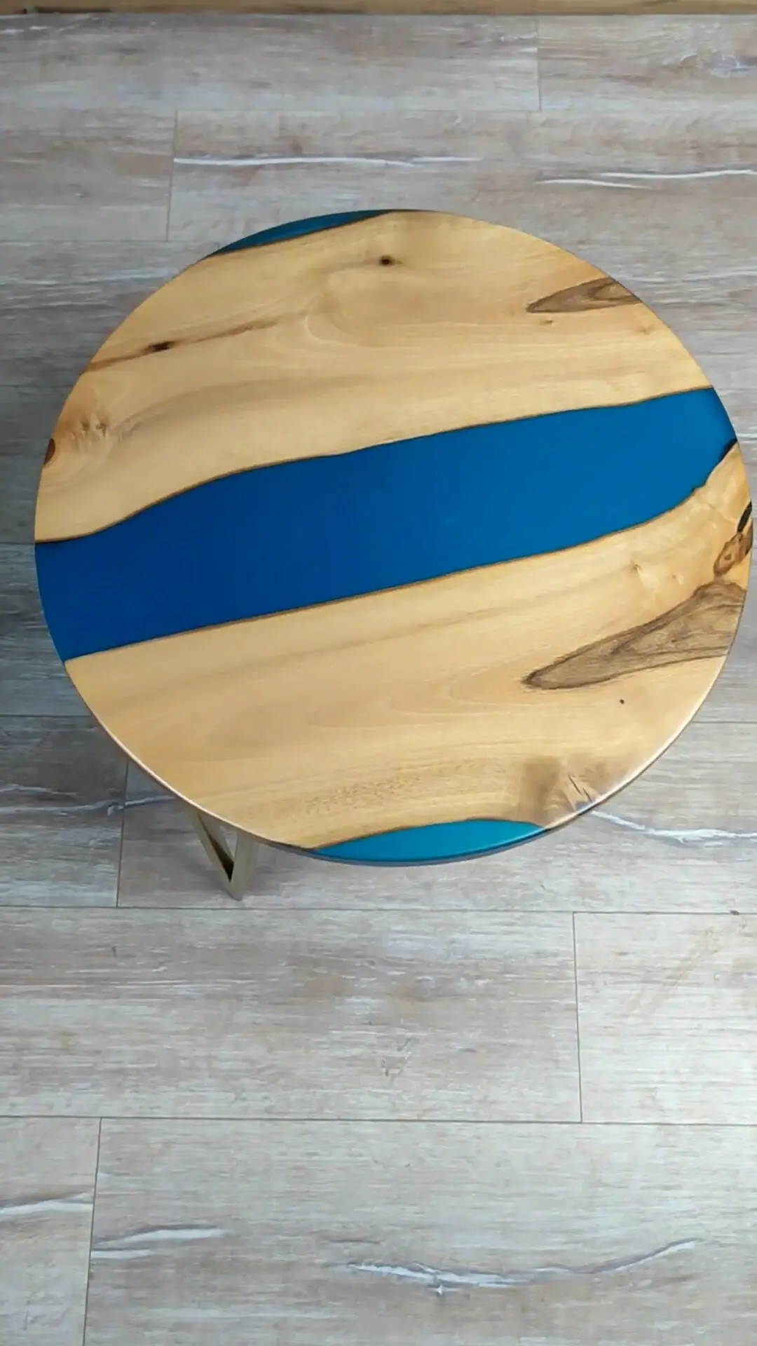 Walnut Accent Table with Gold Iron Legs and Blue epoxy decorations.