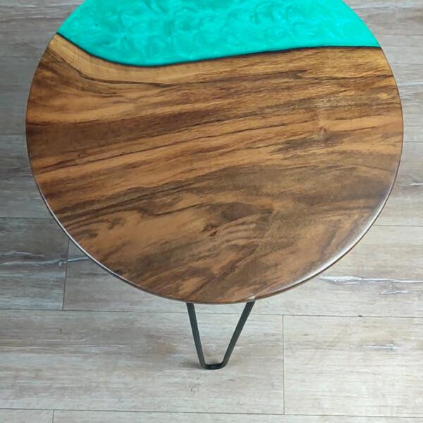Walnut Accent Table with Black Metal Legs and Dark Green Epoxy Decorations