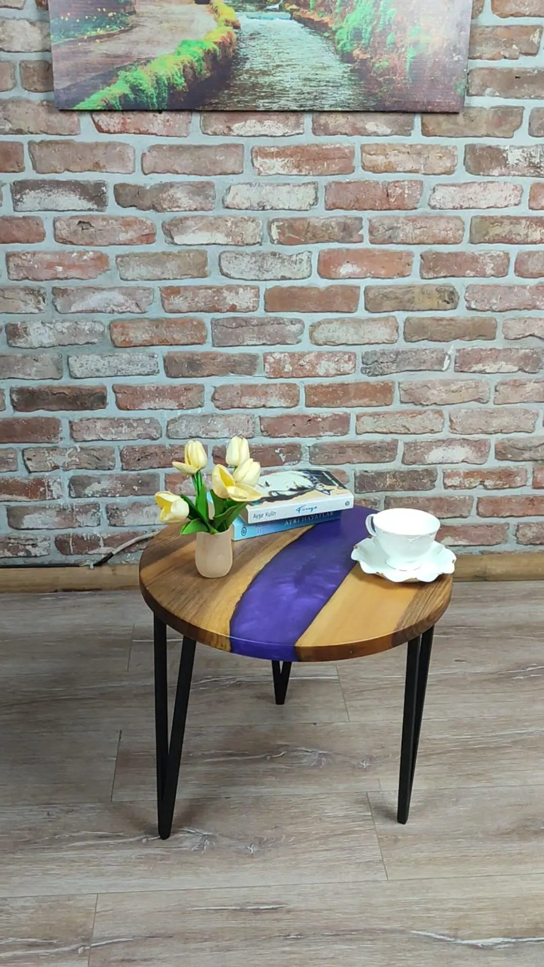 Walnut Accent Table with black metal legs and purple epoxy decorations.