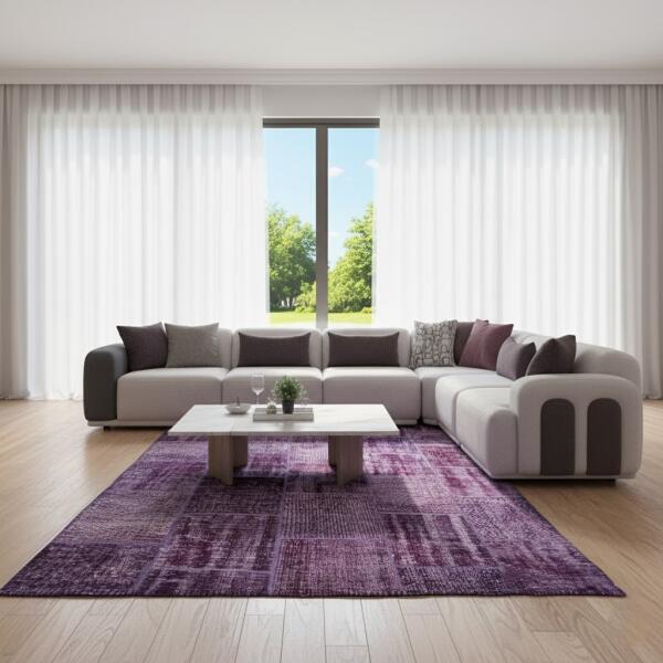 Purple Patchwork Rug – Modern Handstitched Area Carpet