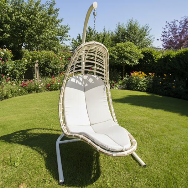 Outdoor Single Rattan Hanging Egg Chair with Stand – Beige Frame & White Cushions for Patio