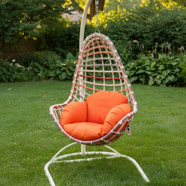 Outdoor Single Rattan Hanging Egg Chair with Stand – Red Frame & Orange Cushion
