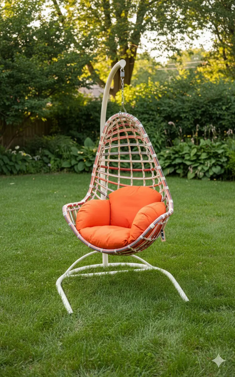 Outdoor Single Rattan Hanging Egg Chair with Stand – Red Frame & Orange Cushion
