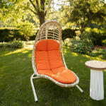 Outdoor Single Rattan Hanging Egg Chair with Stand – Beige Frame & Orange Cushions