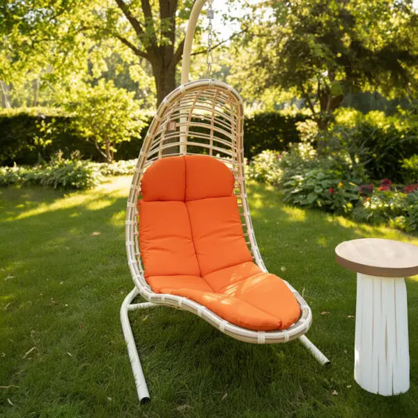 Outdoor Single Rattan Hanging Egg Chair with Stand – Beige Frame & Orange Cushions