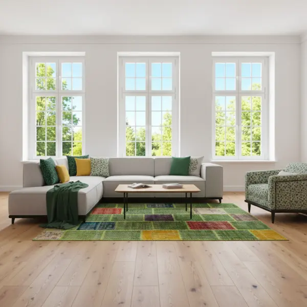 Verdant Patchwork Rug – Handmade Green Harmony Carpet